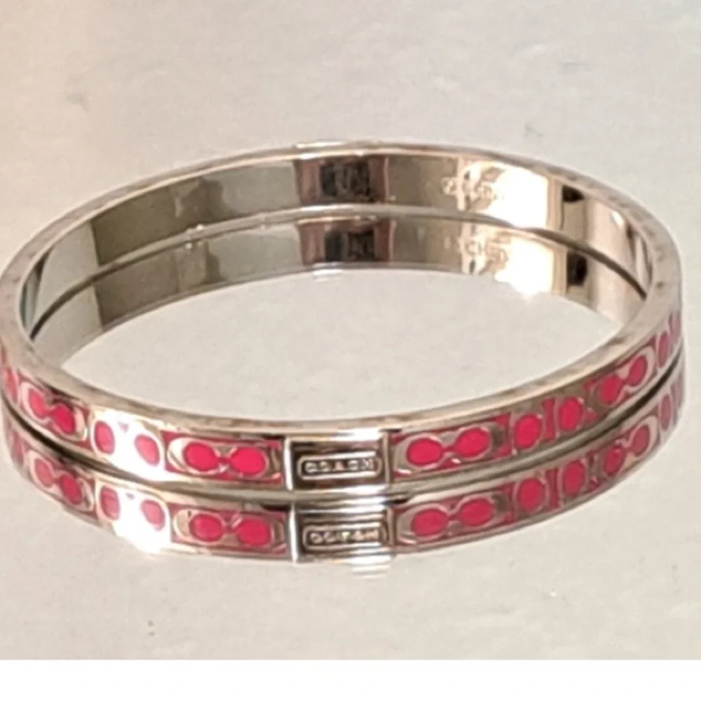 Coach Signature C Bangle Bracelet & Earrings - Silver and Pink - EUC